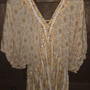 Cato Yellow and Cream Bohemian V-Neck Blouse